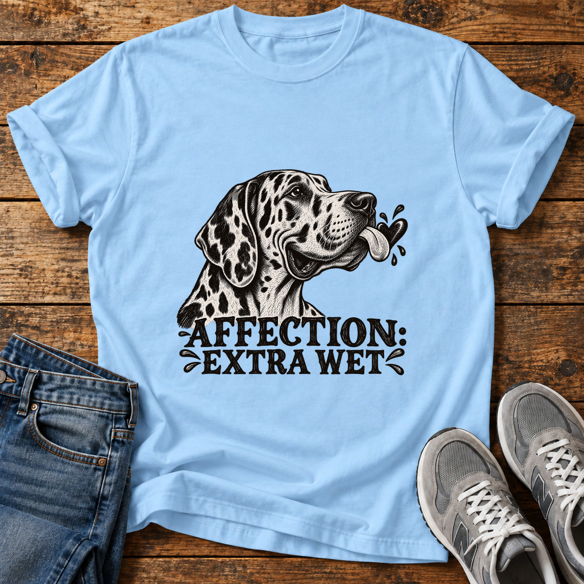 Extra Wet Affection Great Dane graphic T-shirt in Light Blue, shown on a flat-lay shirt mockup