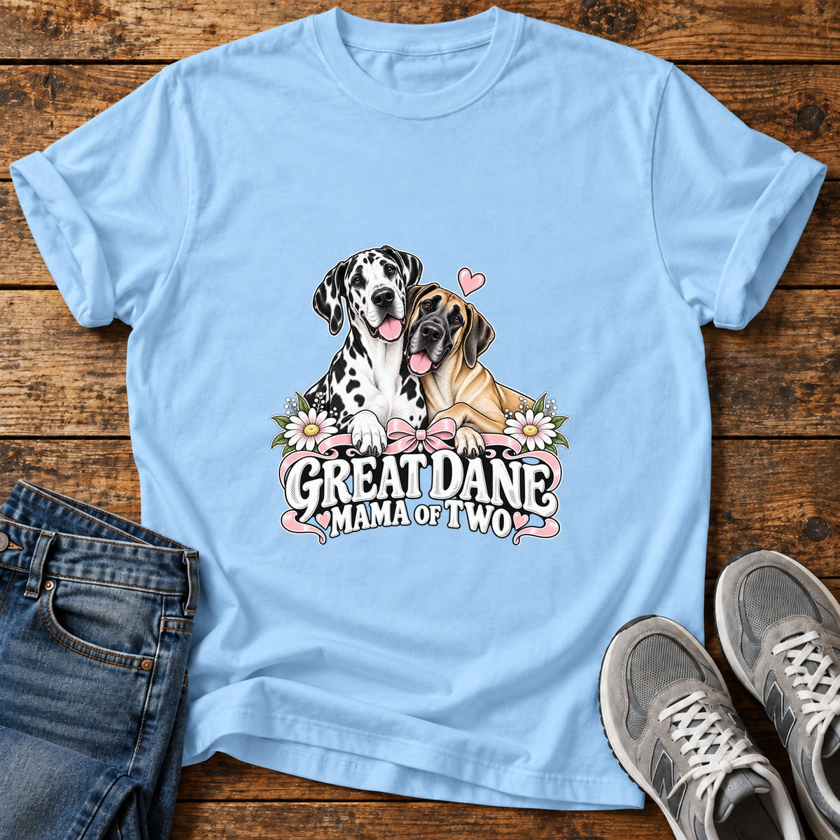 Great Dane Mama graphic T-shirt in Light Blue, shown on a flat-lay shirt mockup