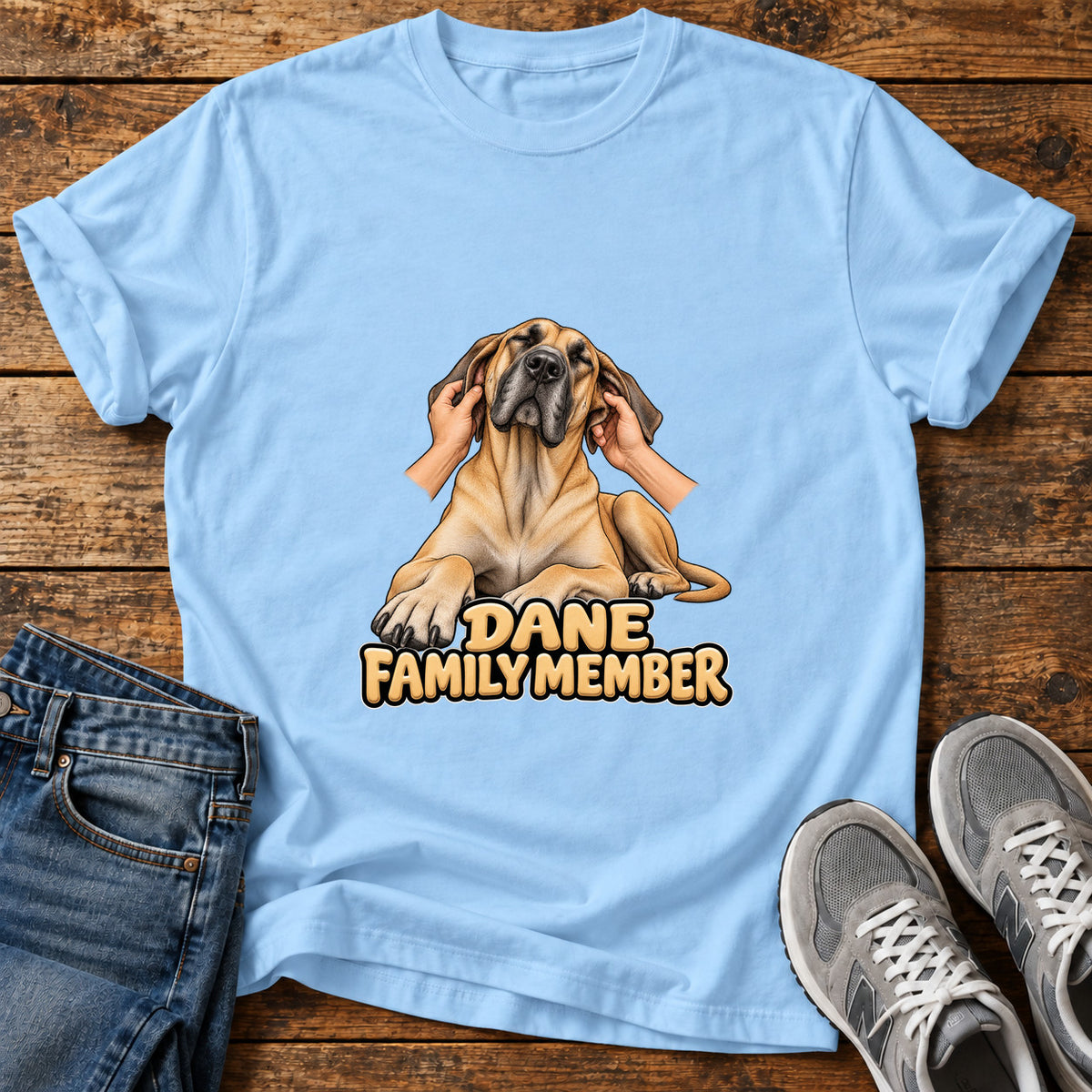 Dane Family Member Great Dane graphic T-shirt in Light Blue, shown on a flat-lay shirt mockup