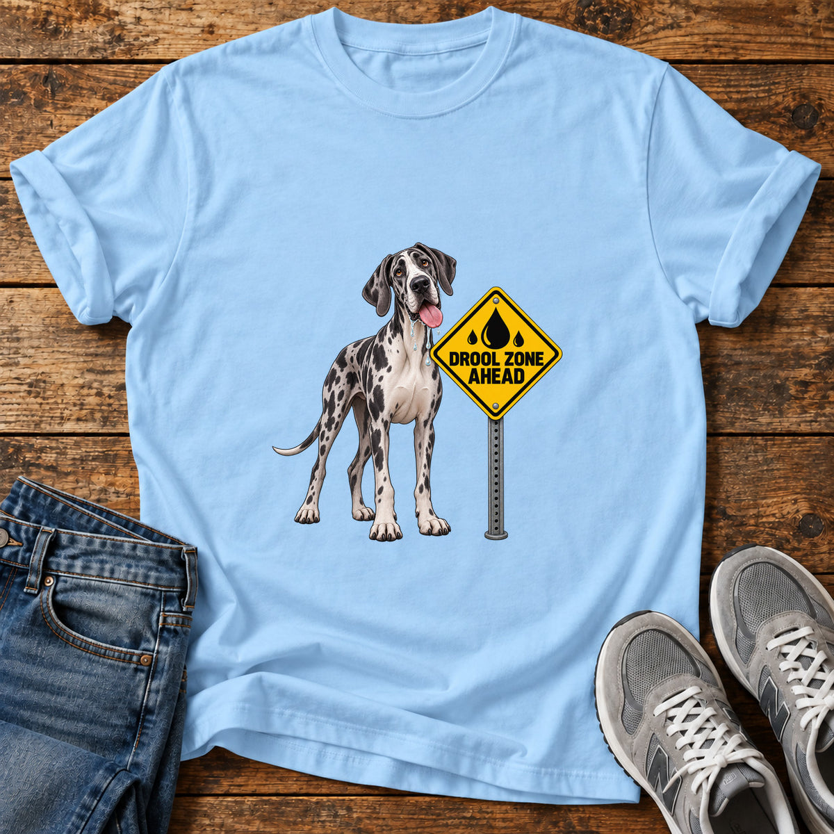Drool Zone Ahead Great Dane graphic T-shirt in Light Blue, shown on a flat-lay shirt mockup