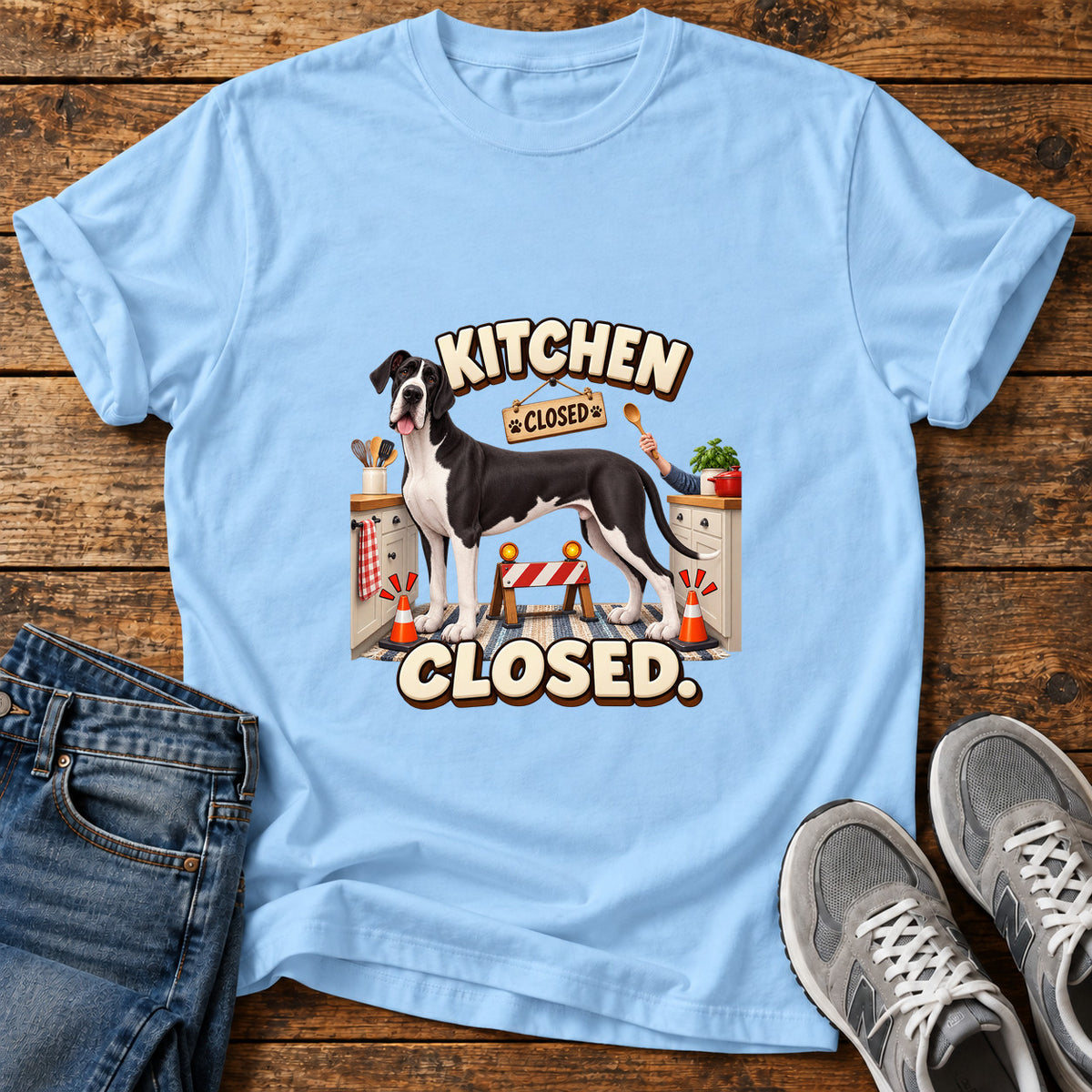 Kitchen Closed Great Dane graphic T-shirt in Light Blue, shown on a flat-lay shirt mockup