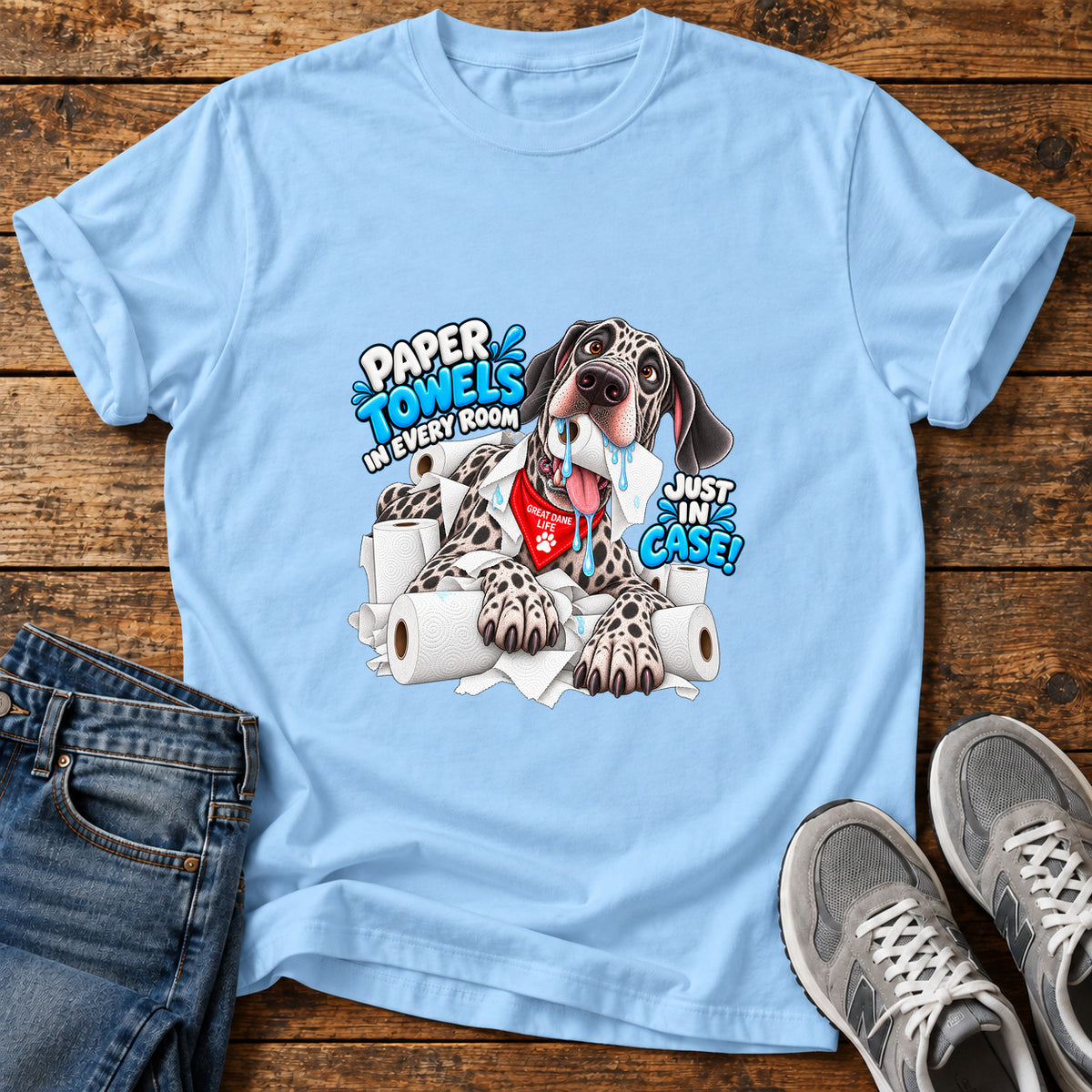 Paper Towels Pooch Great Dane graphic T-shirt in Light Blue, shown on a flat-lay shirt mockup