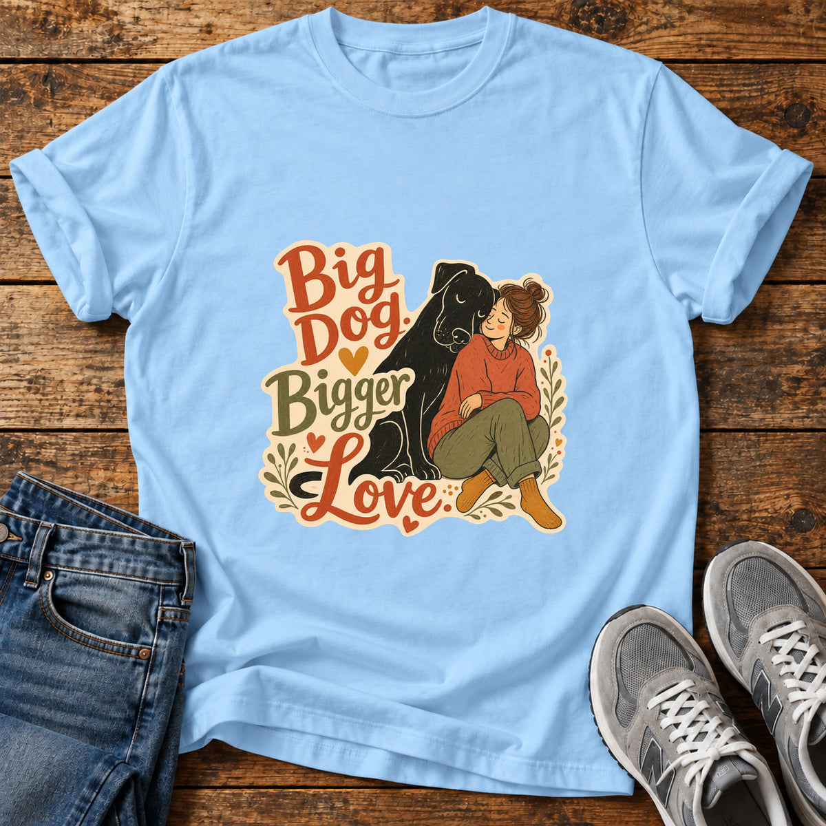 Big Dog Love Great Dane graphic T-shirt in Light Blue, shown on a flat-lay shirt mockup