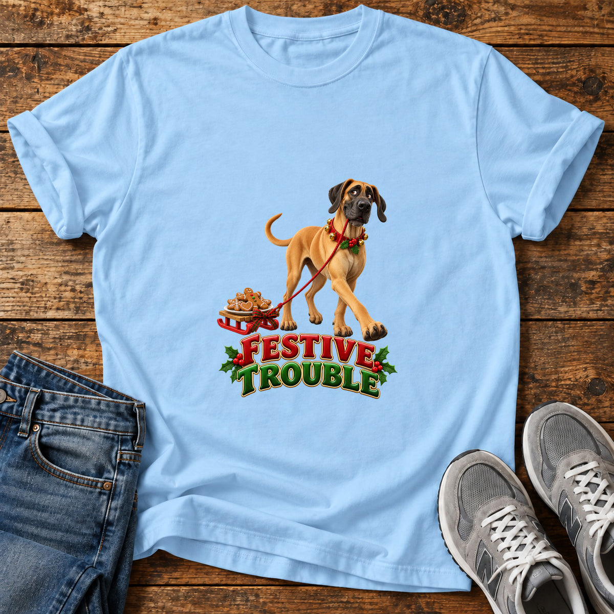 Festive Trouble Great Dane graphic T-shirt in Light Blue, shown on a flat-lay shirt mockup