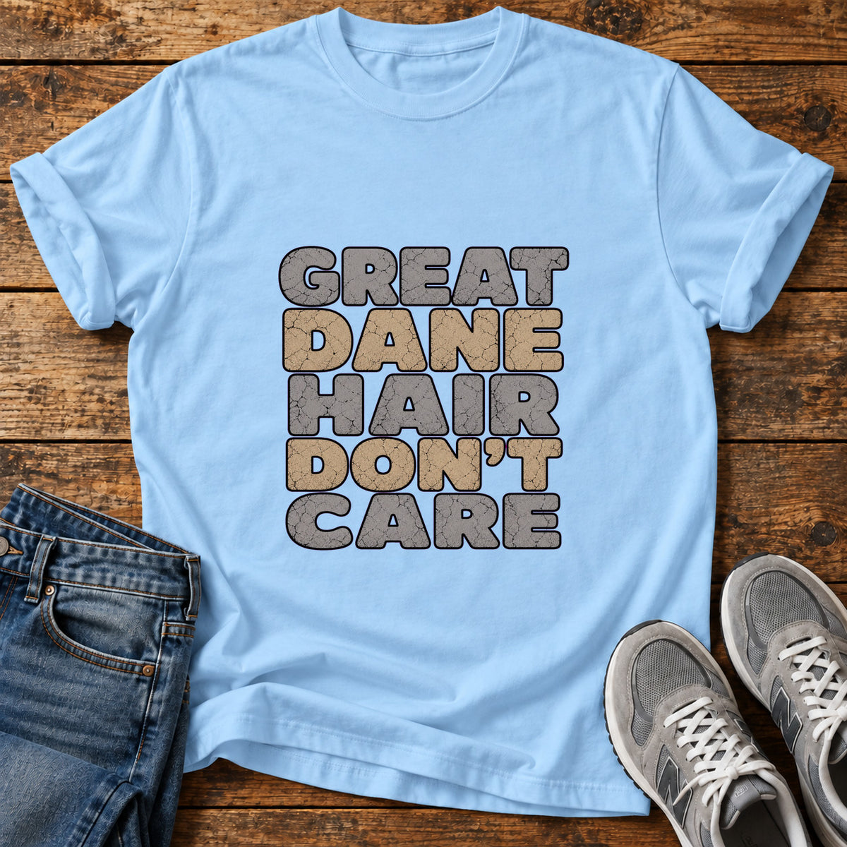 Great Dane Attitude graphic T-shirt in Light Blue, shown on a flat-lay shirt mockup
