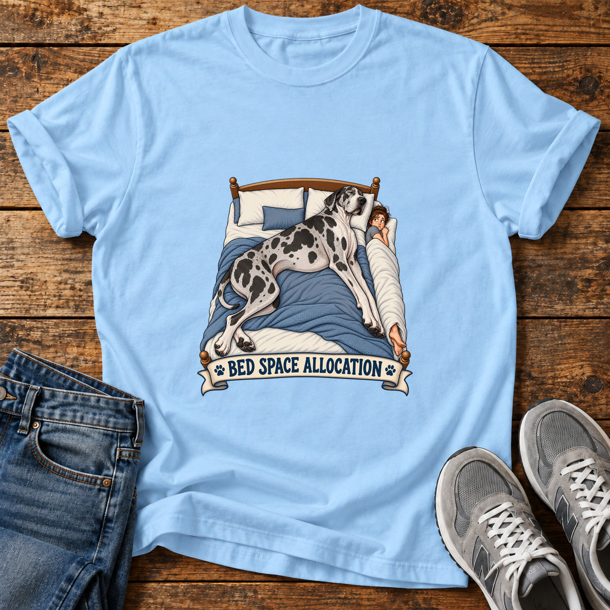 Bed Space Allocation Great Dane graphic T-shirt in Light Blue, shown on a flat-lay shirt mockup