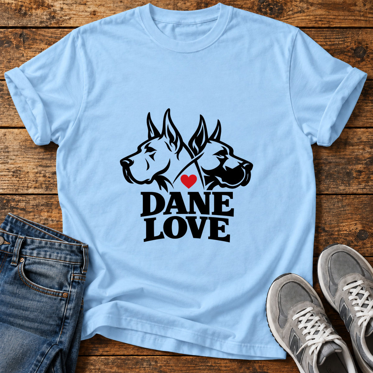 Dane Love Great Dane graphic T-shirt in Light Blue, shown on a flat-lay shirt mockup