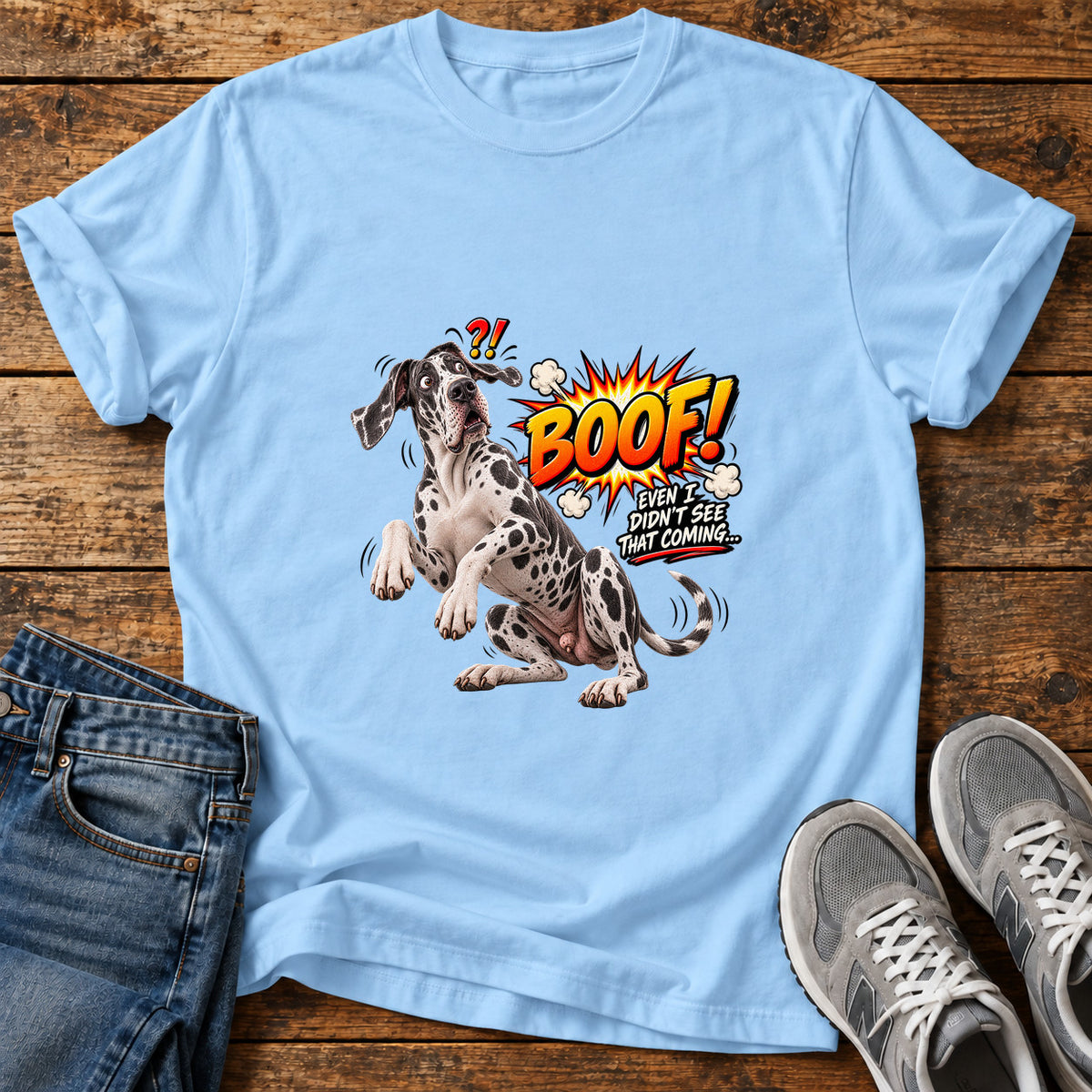 Boof Surprise Great Dane graphic T-shirt in Light Blue, shown on a flat-lay shirt mockup