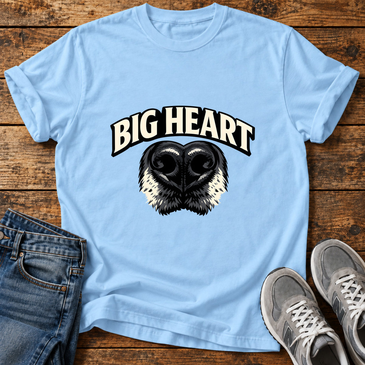 Big Heart Great Dane graphic T-shirt in Light Blue, shown on a flat-lay shirt mockup