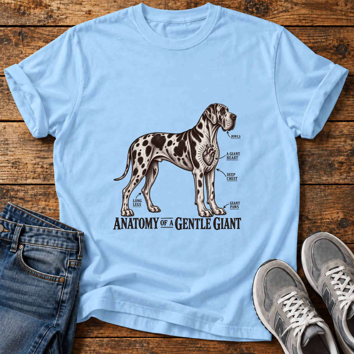 Gentle Giant Anatomy Great Dane graphic T-shirt in Light Blue, shown on a flat-lay shirt mockup