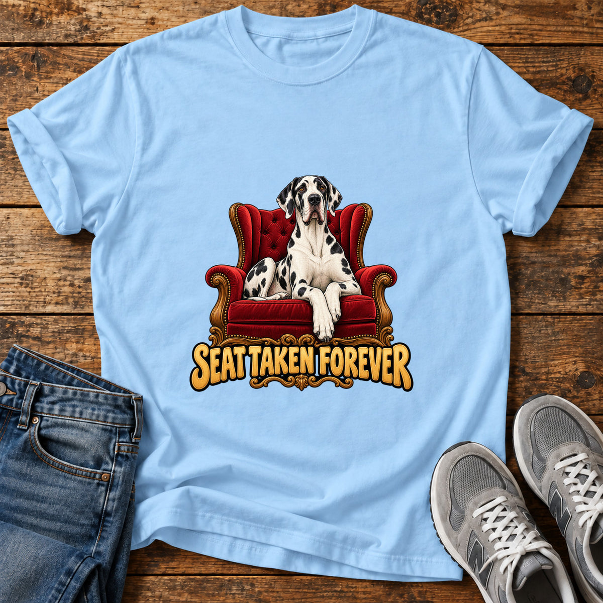 Seat Taken Great Dane graphic T-shirt in Light Blue, shown on a flat-lay shirt mockup