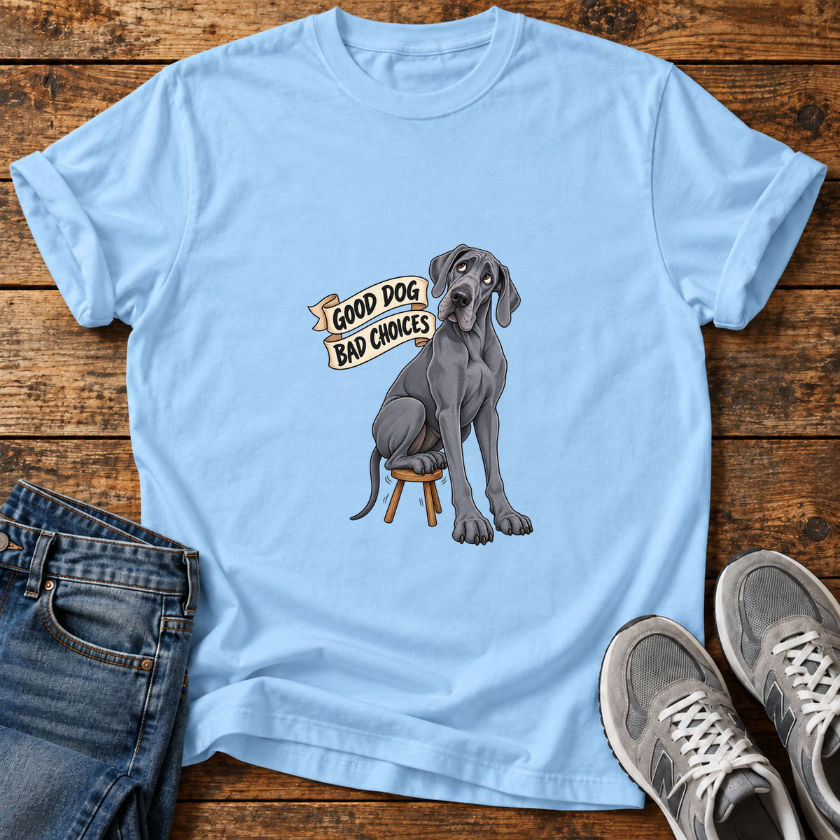 Good Dog Choices Great Dane graphic T-shirt in Light Blue, shown on a flat-lay shirt mockup
