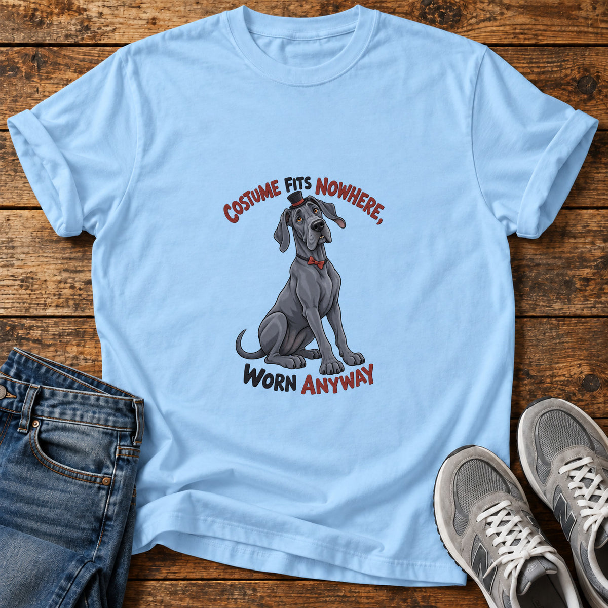 Costume Worn Anyway Great Dane graphic T-shirt in Light Blue, shown on a flat-lay shirt mockup