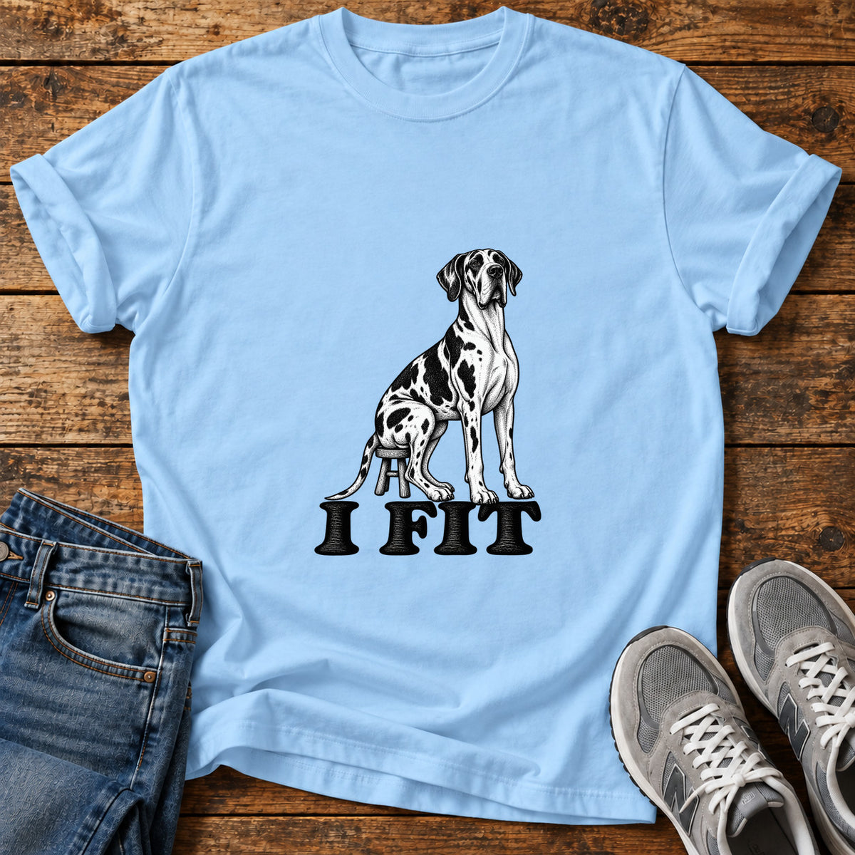 I Fit Great Dane graphic T-shirt in Light Blue, shown on a flat-lay shirt mockup