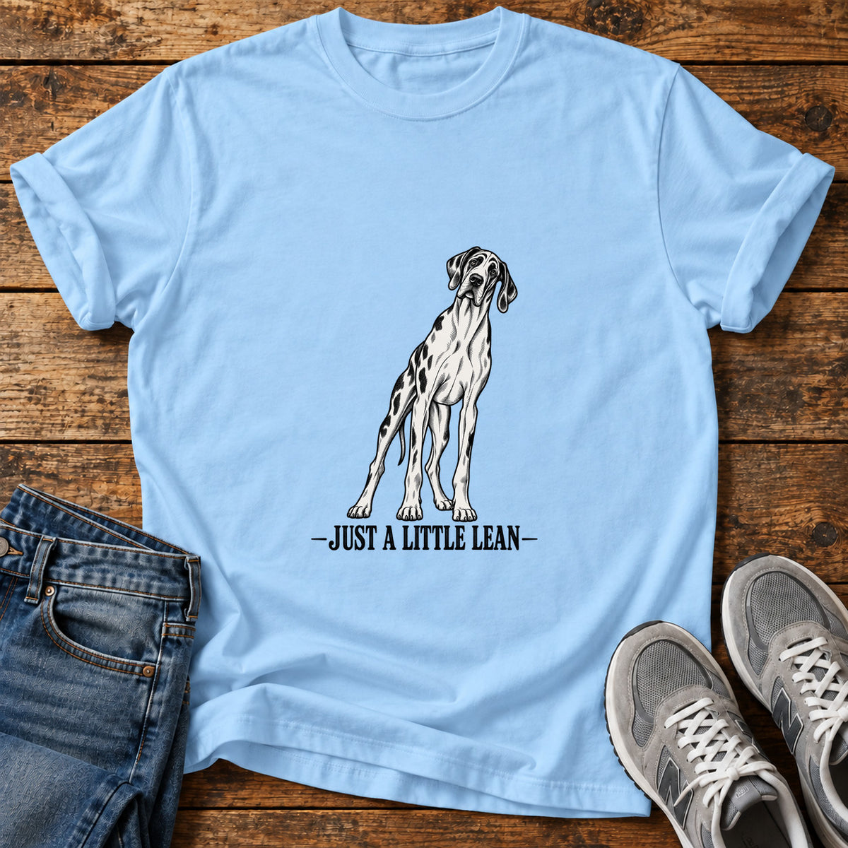 Just A Lean Great Dane graphic T-shirt in Light Blue, shown on a flat-lay shirt mockup