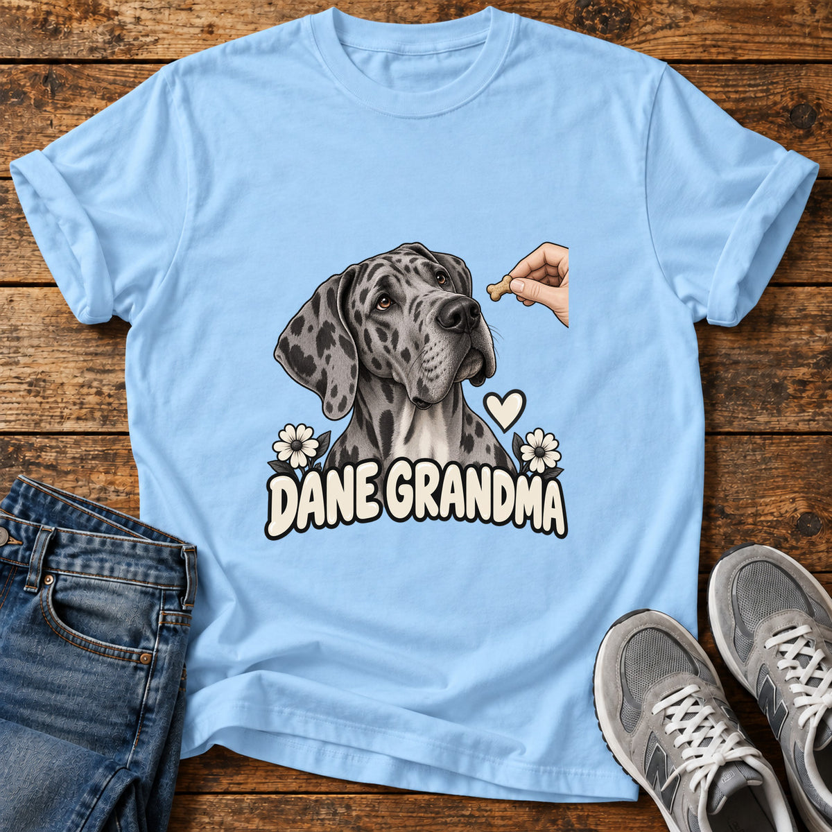 Dane Grandma Great Dane graphic T-shirt in Light Blue, shown on a flat-lay shirt mockup