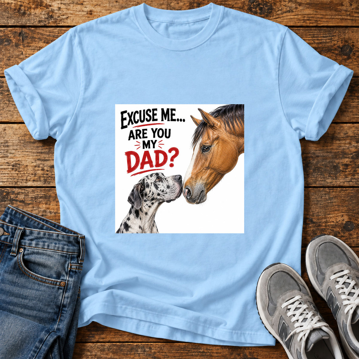 Are You Dad Great Dane graphic T-shirt in Light Blue, shown on a flat-lay shirt mockup