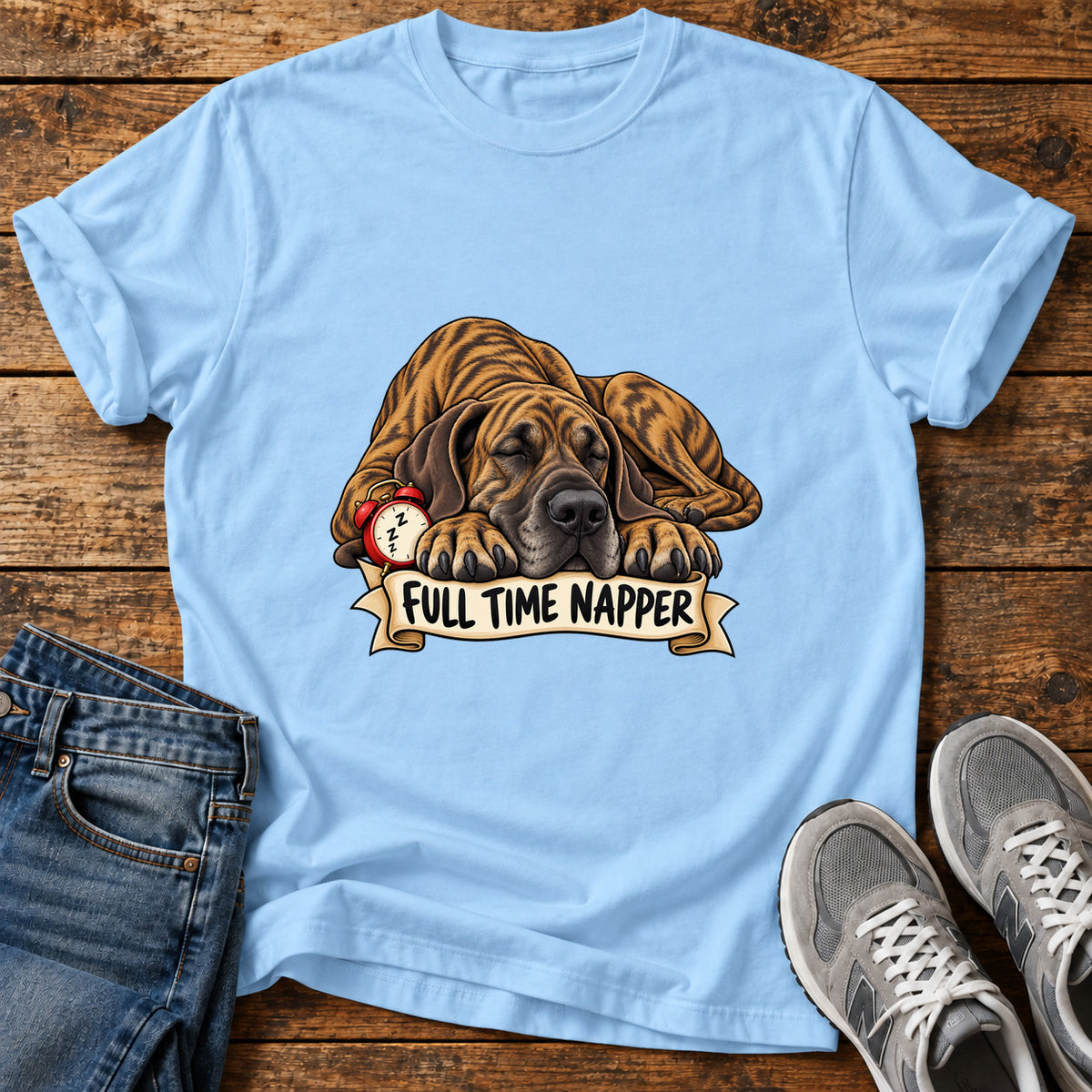 Full Time Napper Great Dane graphic T-shirt in Light Blue, shown on a flat-lay shirt mockup