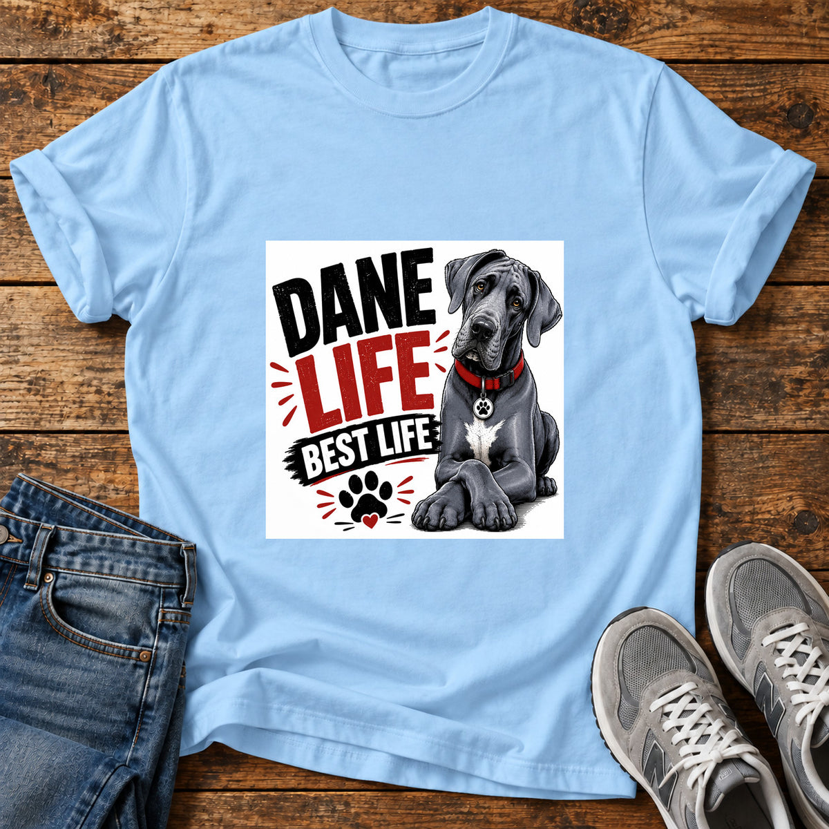Dane Best Life Great Dane graphic T-shirt in Light Blue, shown on a flat-lay shirt mockup