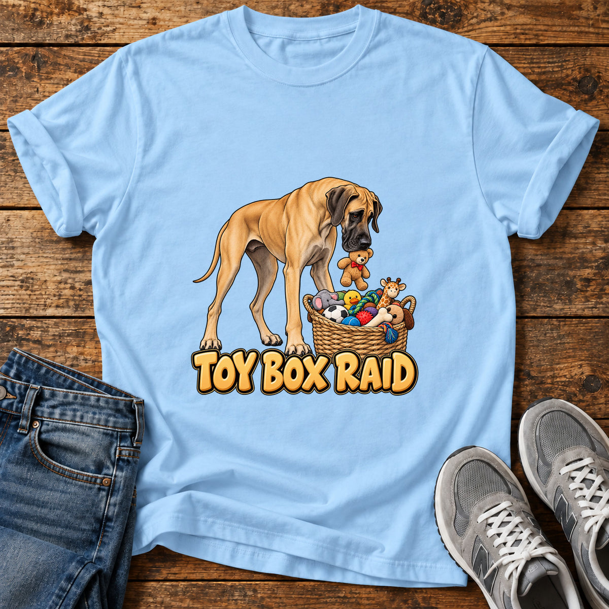Toy Box Raid Great Dane graphic T-shirt in Light Blue, shown on a flat-lay shirt mockup