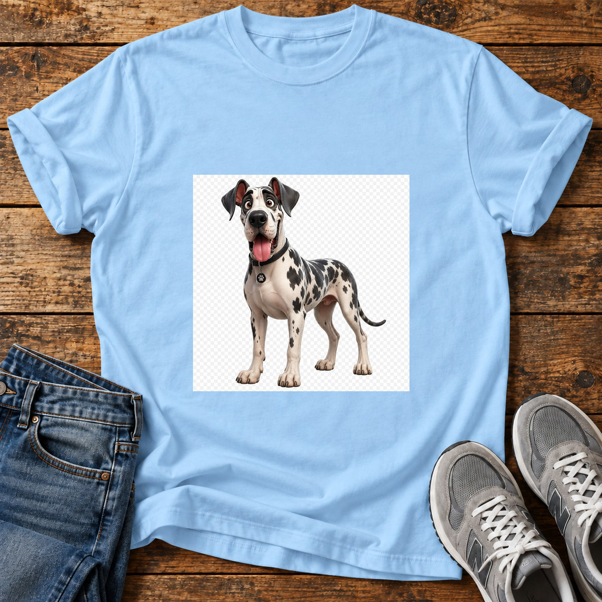 Dalmatian Delight Great Dane graphic T-shirt in Light Blue, shown on a flat-lay shirt mockup