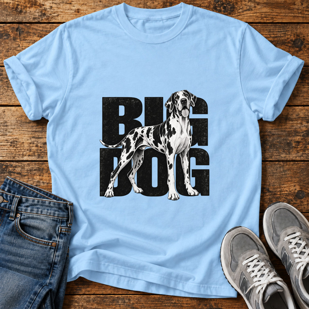 Big Dog Great Dane graphic T-shirt in Light Blue, shown on a flat-lay shirt mockup