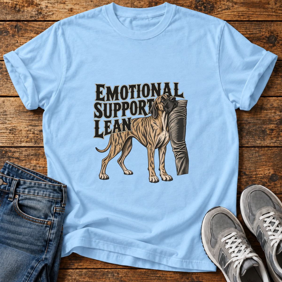 Emotional Support Lean Great Dane graphic T-shirt in Light Blue, shown on a flat-lay shirt mockup