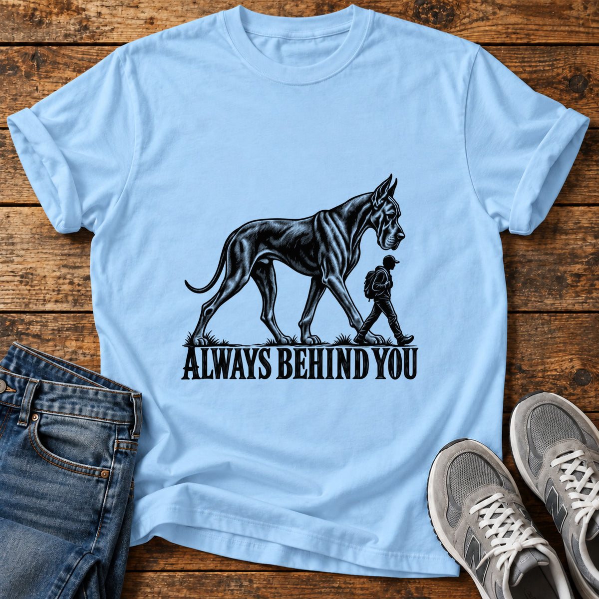 Always Behind Great Dane graphic T-shirt in Light Blue, shown on a flat-lay shirt mockup