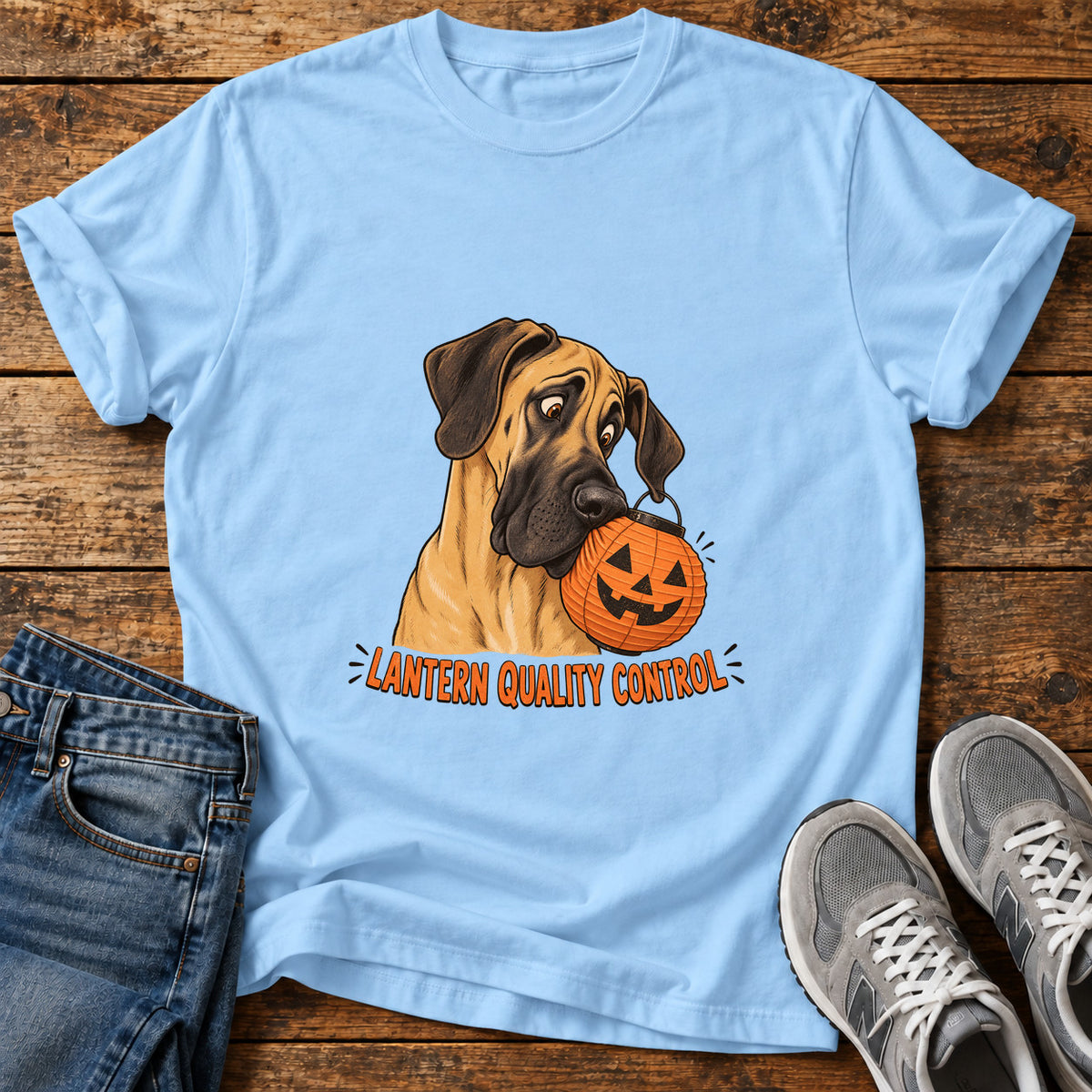Lantern Quality Control Great Dane graphic T-shirt in Light Blue, shown on a flat-lay shirt mockup