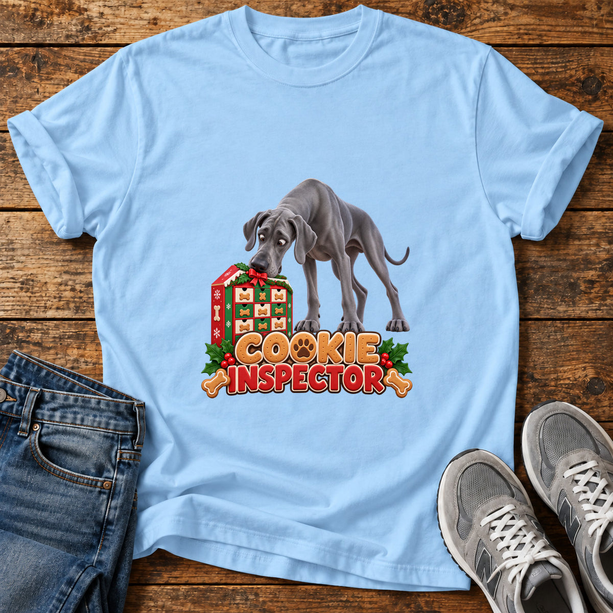 Cookie Inspector Great Dane graphic T-shirt in Light Blue, shown on a flat-lay shirt mockup