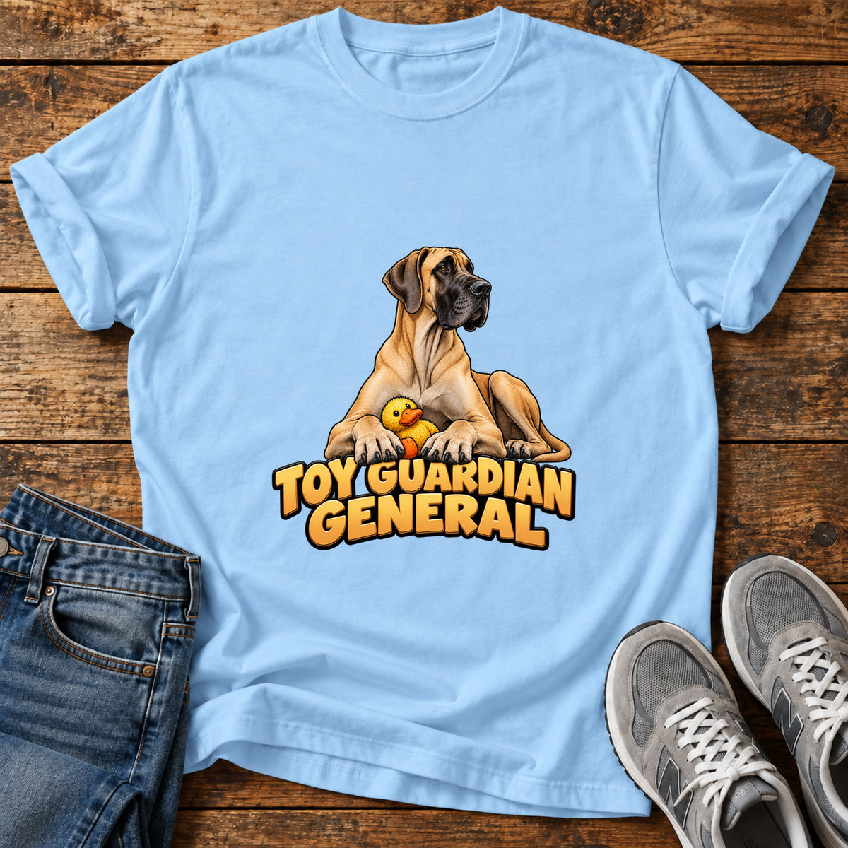 Toy Guardian General Great Dane graphic T-shirt in Light Blue, shown on a flat-lay shirt mockup