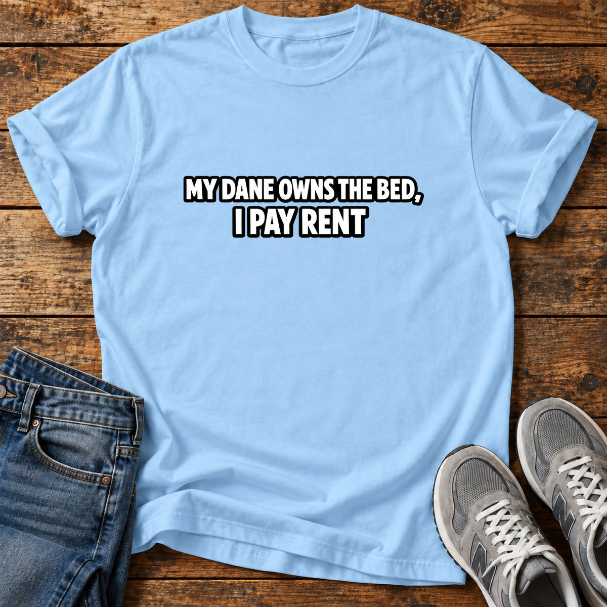 Dane Bed Rent Great Dane graphic T-shirt in Light Blue, shown on a flat-lay shirt mockup