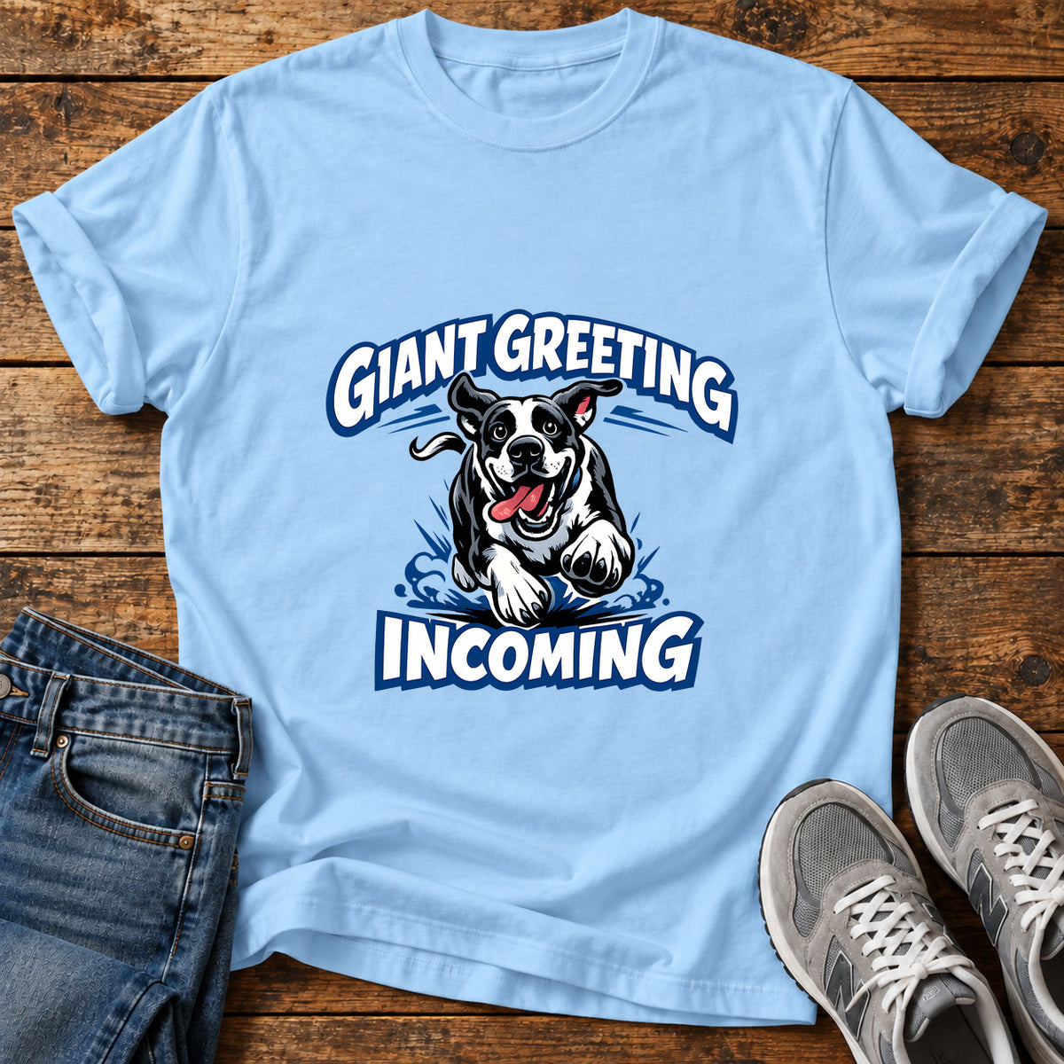 Giant Greeting Great Dane graphic T-shirt in Light Blue, shown on a flat-lay shirt mockup
