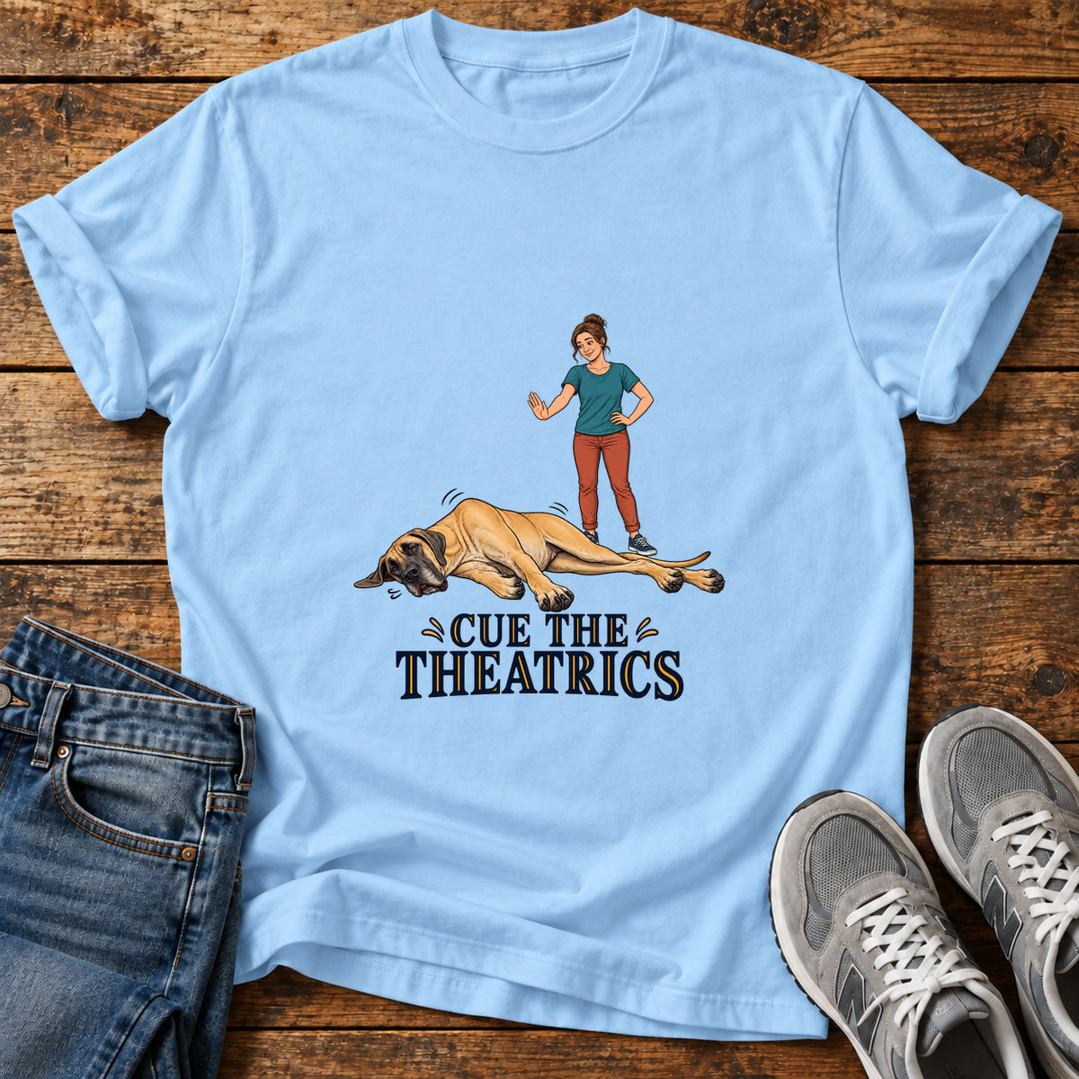 Cue Theatrics Great Dane graphic T-shirt in Light Blue, shown on a flat-lay shirt mockup