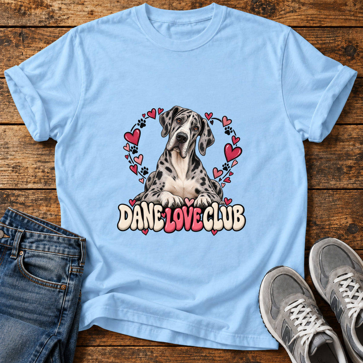 Dane Love Club Great Dane graphic T-shirt in Light Blue, shown on a flat-lay shirt mockup