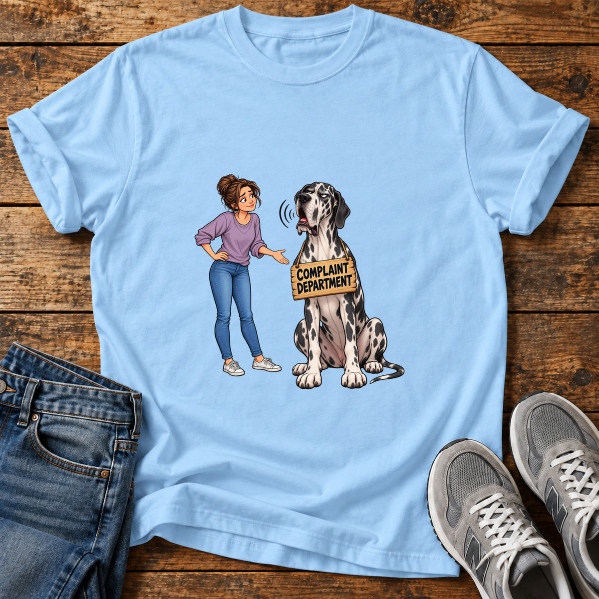 Complaint Department Great Dane graphic T-shirt in Light Blue, shown on a flat-lay shirt mockup