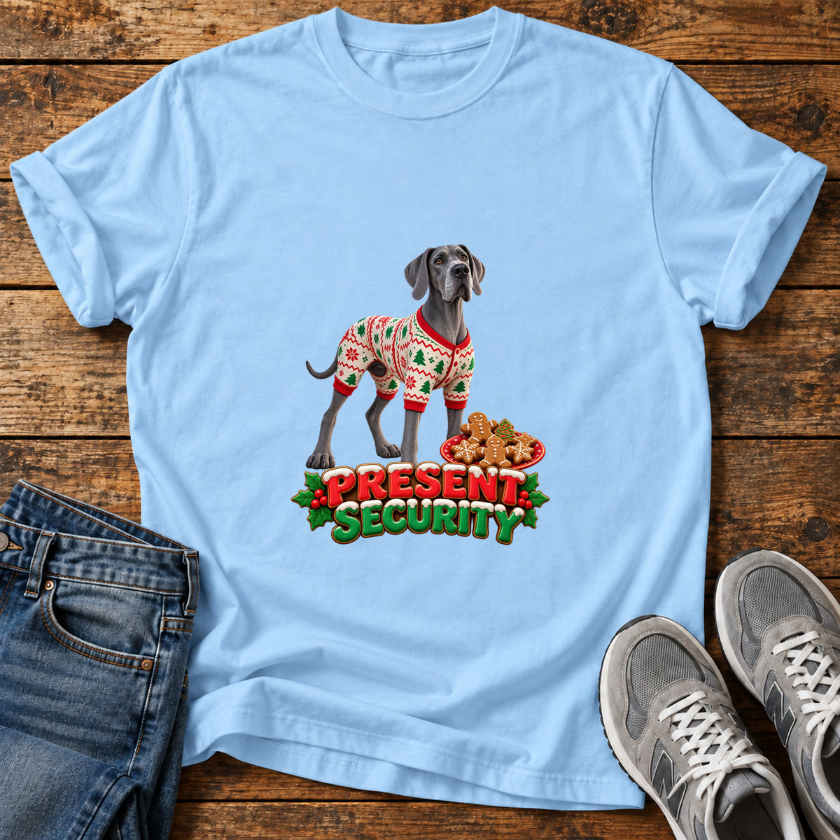 Present Security Great Dane graphic T-shirt in Light Blue, shown on a flat-lay shirt mockup