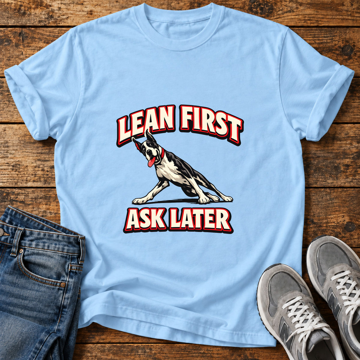 Lean First Great Dane graphic T-shirt in Light Blue, shown on a flat-lay shirt mockup