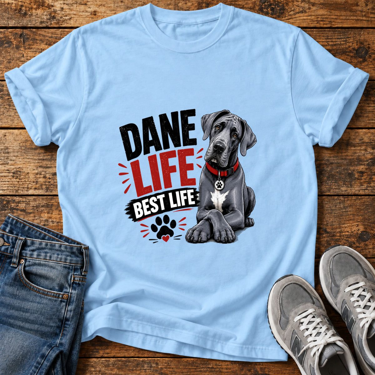 Dane Best Life Great Dane graphic T-shirt in Light Blue, shown on a flat-lay shirt mockup