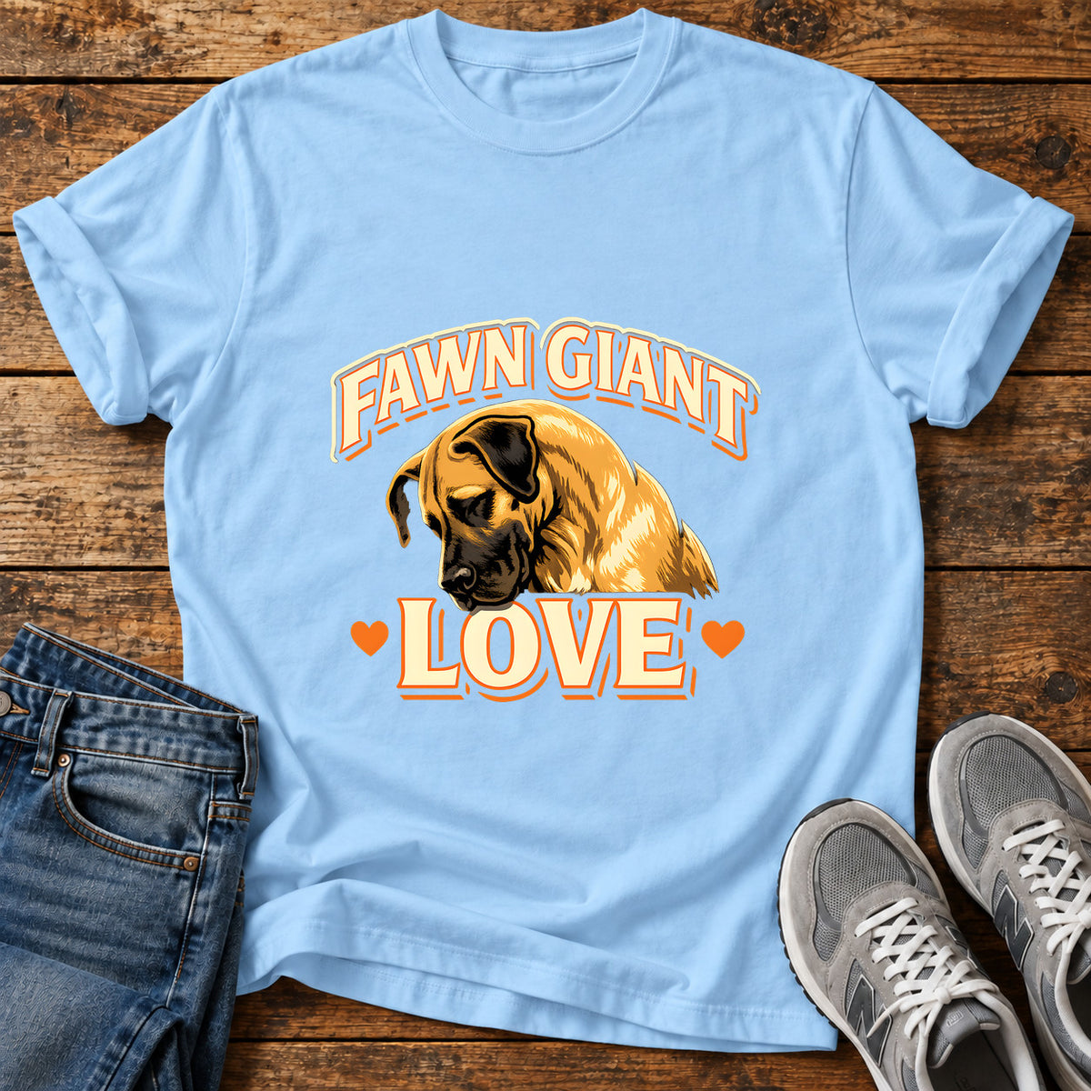 Fawn Giant Love Great Dane graphic T-shirt in Light Blue, shown on a flat-lay shirt mockup