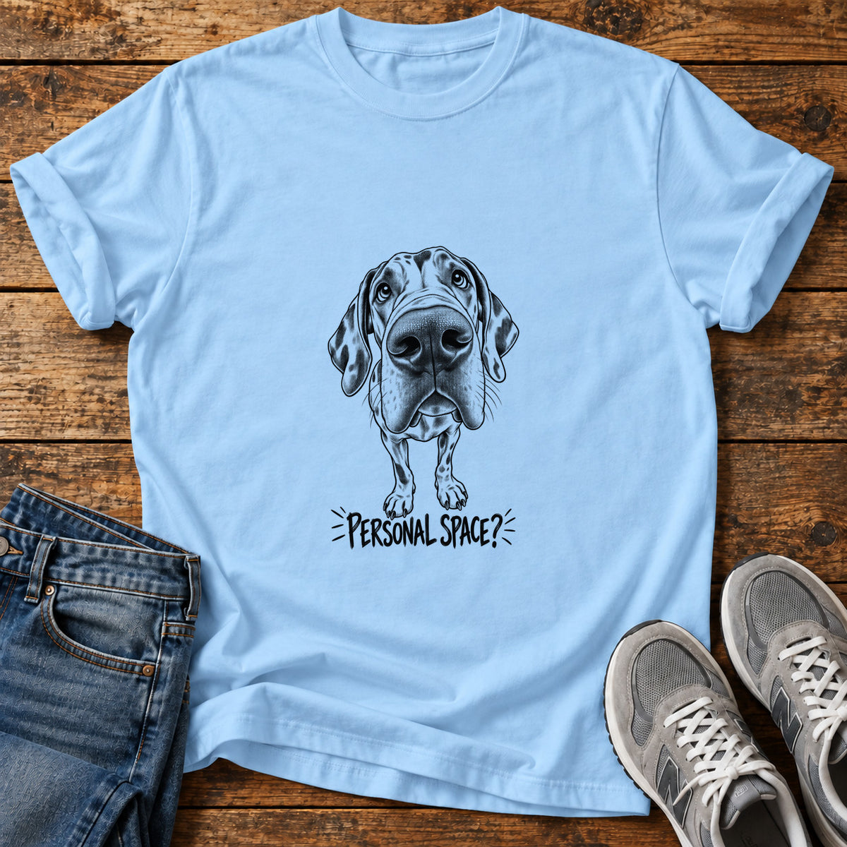Personal Space Great Dane graphic T-shirt in Light Blue, shown on a flat-lay shirt mockup