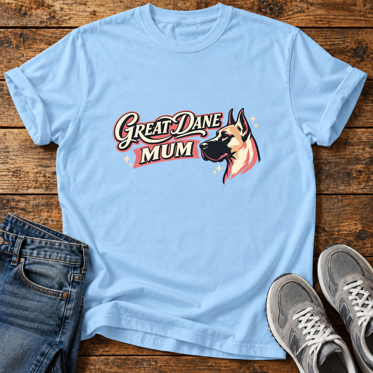 Great Dane Mum graphic T-shirt in Light Blue, shown on a flat-lay shirt mockup