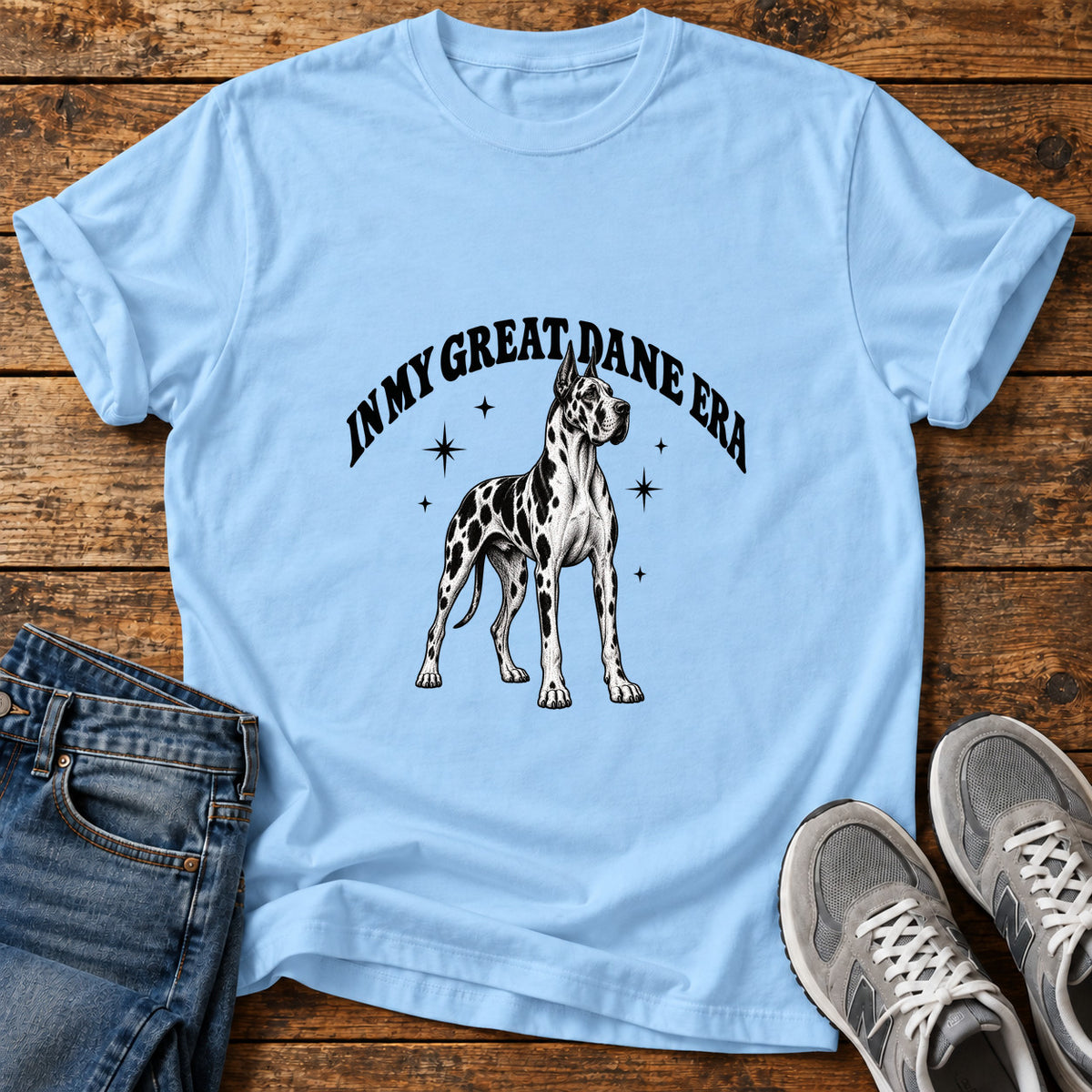 Great Dane Era graphic T-shirt in Light Blue, shown on a flat-lay shirt mockup
