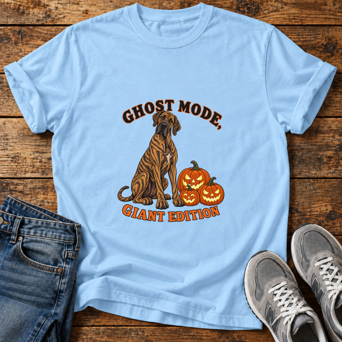 Ghost Mode Giant Great Dane graphic T-shirt in Light Blue, shown on a flat-lay shirt mockup