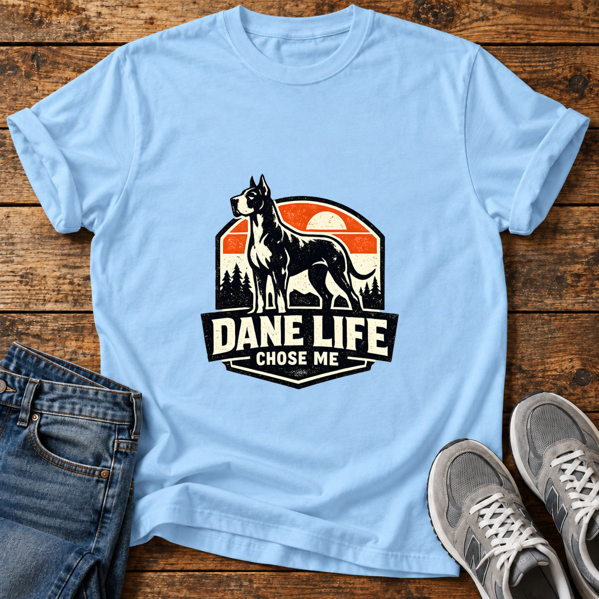 Dane Life Great Dane graphic T-shirt in Light Blue, shown on a flat-lay shirt mockup