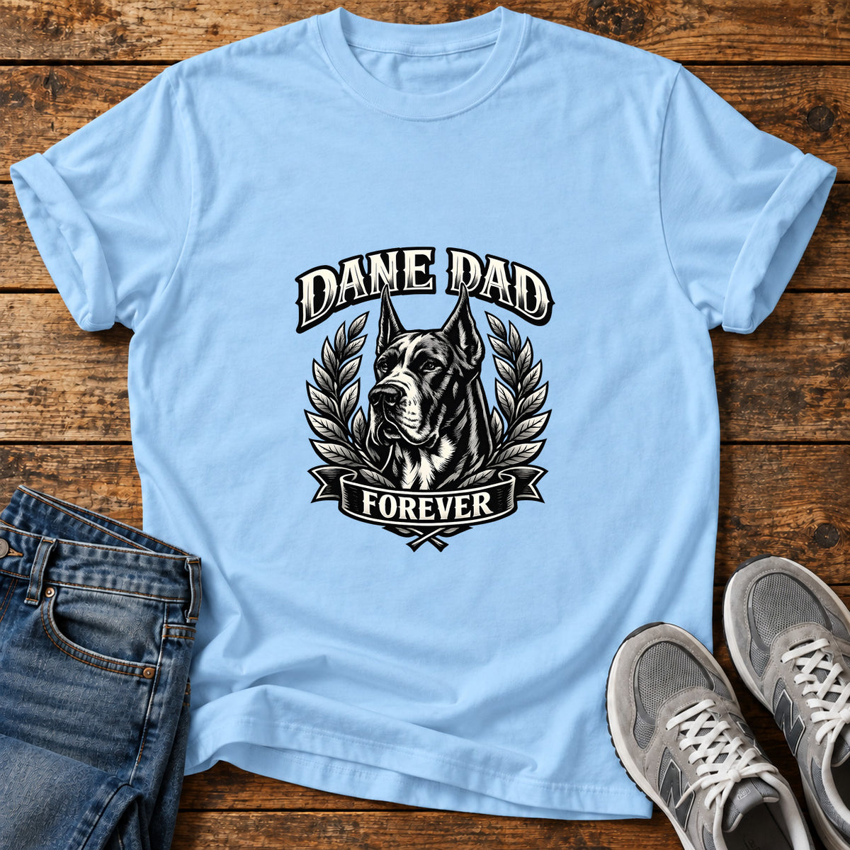 Dane Dad Forever Great Dane graphic T-shirt in Light Blue, shown on a flat-lay shirt mockup