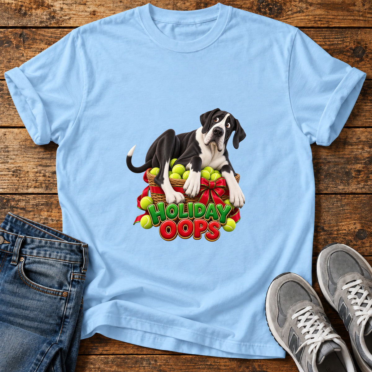 Holiday Oops Great Dane graphic T-shirt in Light Blue, shown on a flat-lay shirt mockup