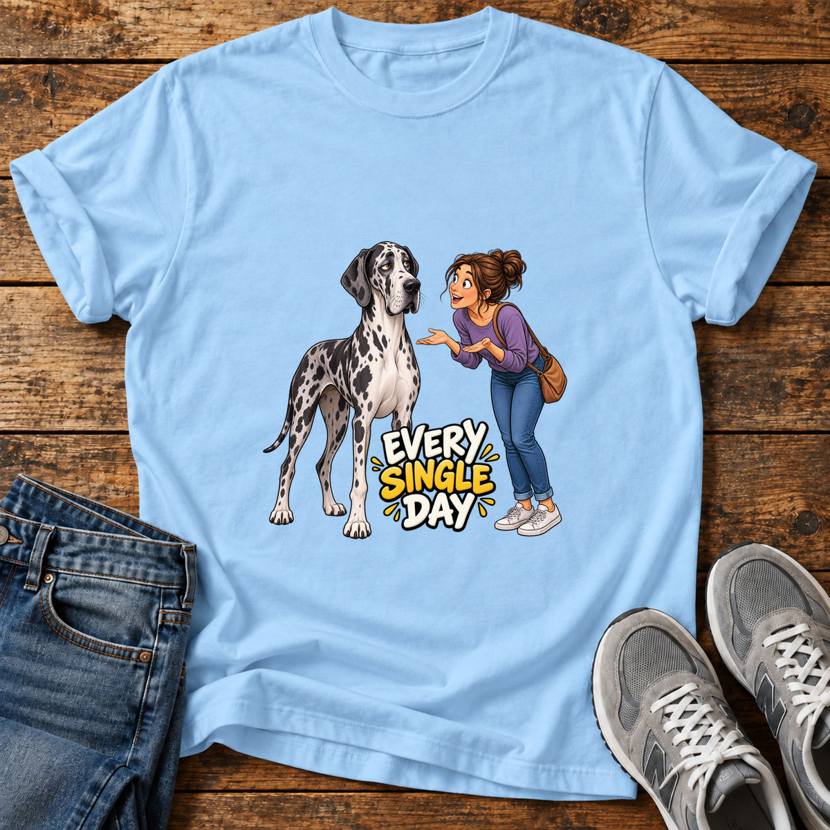Every Single Day Great Dane graphic T-shirt in Light Blue, shown on a flat-lay shirt mockup