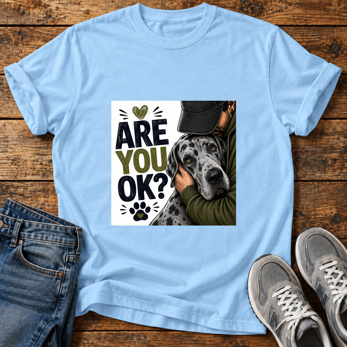 Are You OK Great Dane graphic T-shirt in Light Blue, shown on a flat-lay shirt mockup