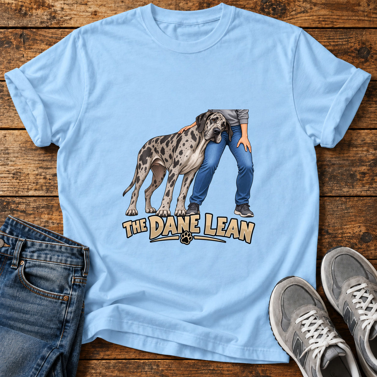 The Dane Lean Great Dane graphic T-shirt in Light Blue, shown on a flat-lay shirt mockup